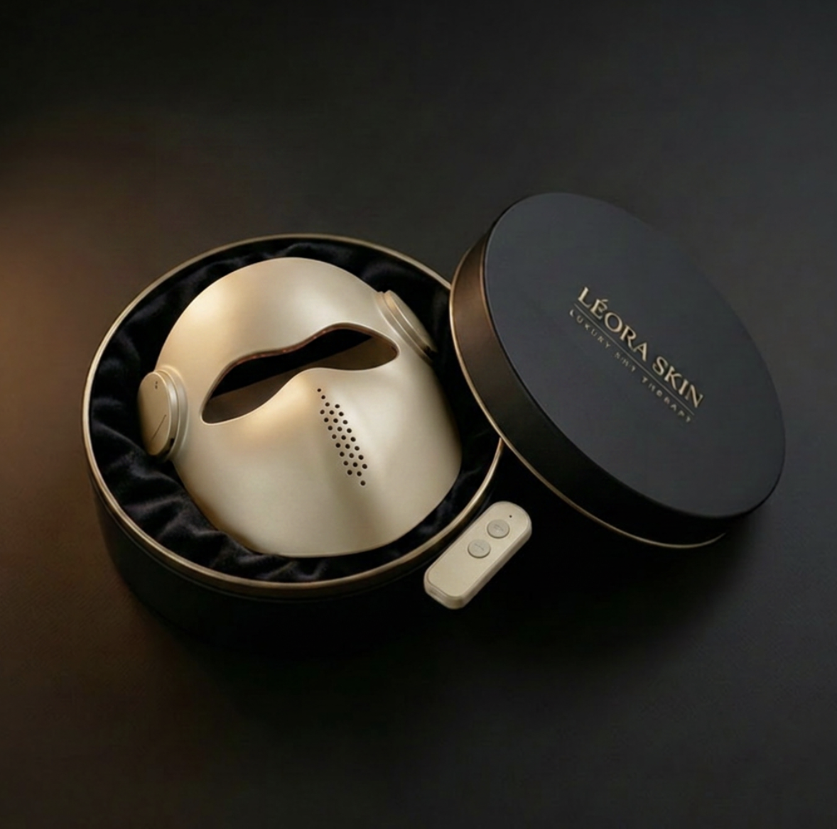 LÉORA SKIN gold mask unveiled inside its velvet-lined presentation case